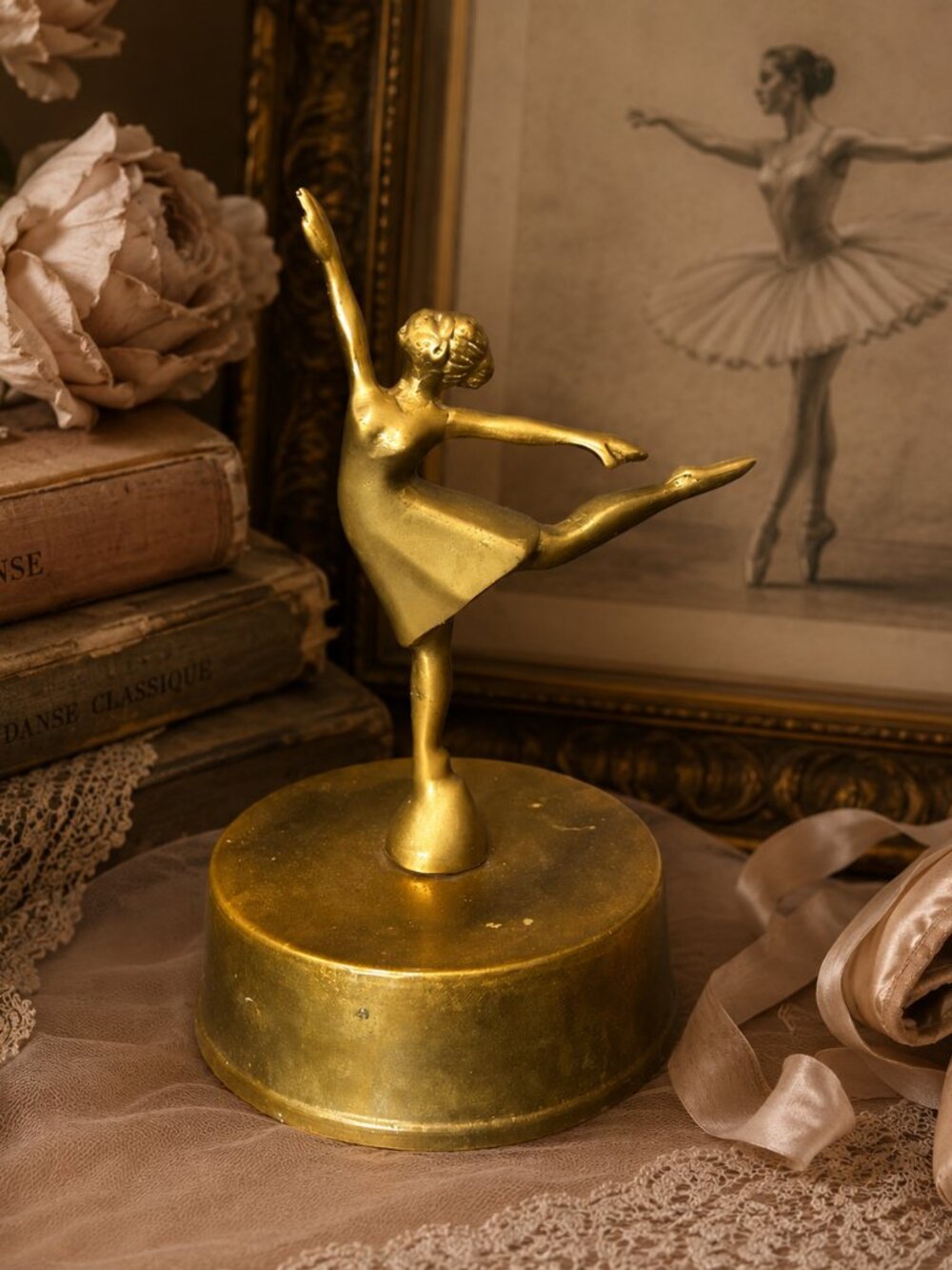 1940s Vintage Brass Ballerina Paperweight Desk Sculpture Art Deco Design Style